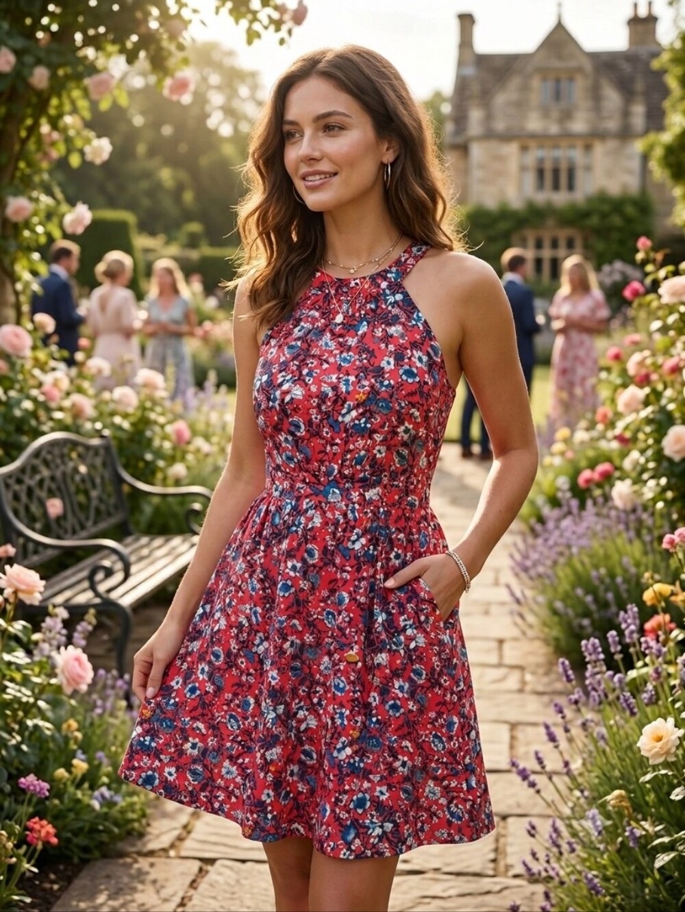 LOFT Outlet Red Floral Halter Neck Dress Flattering A-Line Summer Midi Size MP